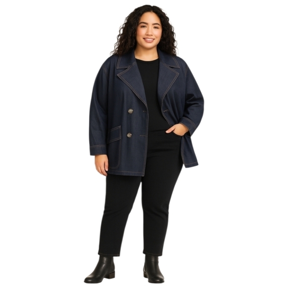 Free People XL Oversized Denim Car Jacket — Double-Breasted, Deep Pockets - Picture 3 of 16